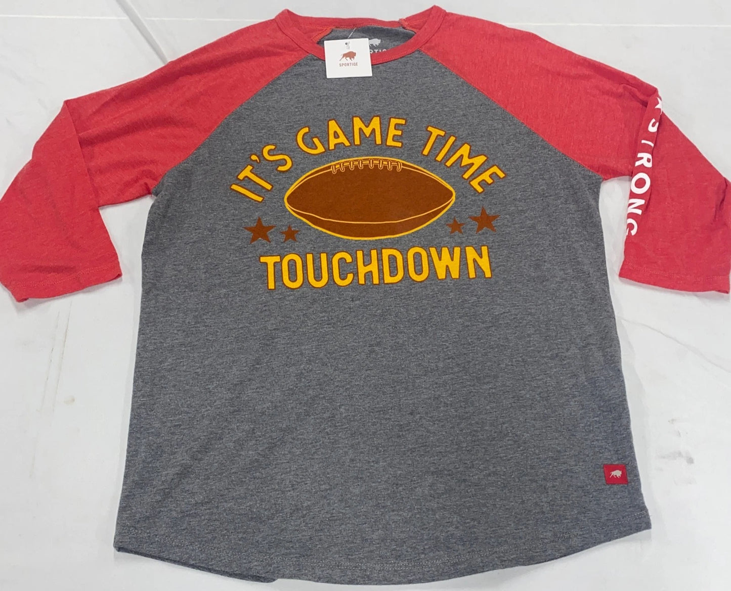 NWT Sportiqe Its Game Time Touchdown T-Shirt Medium Gray 3/4 Sleeve Football KC