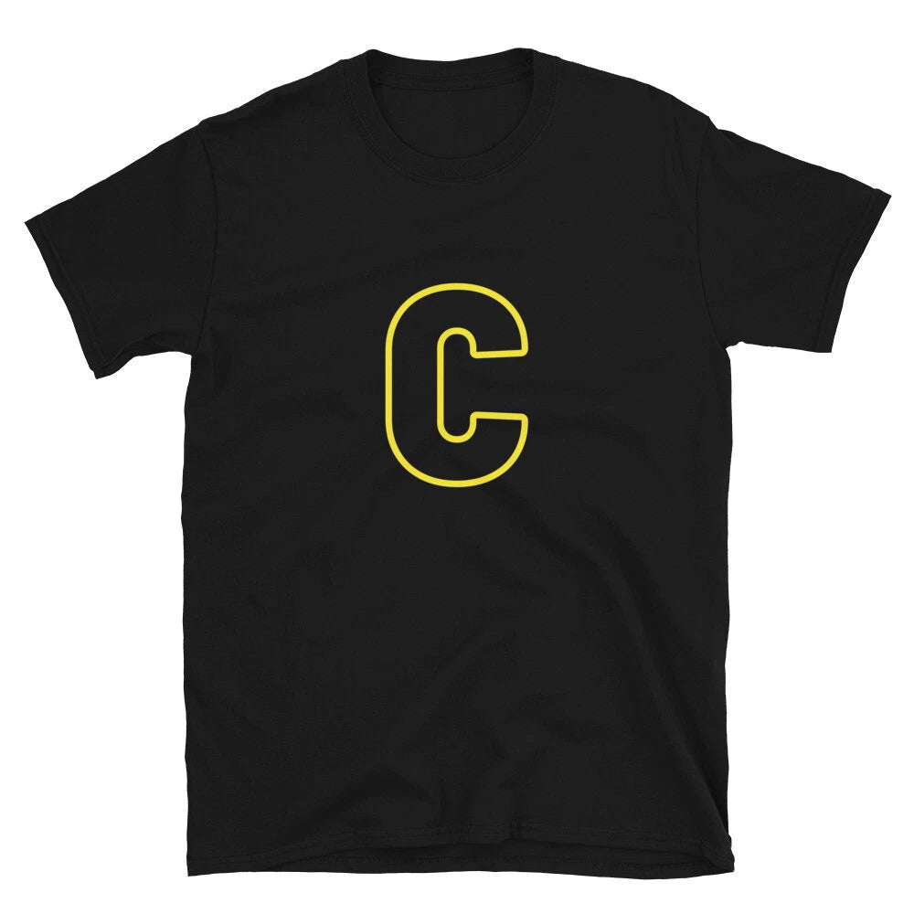 Letter C Yellow Bold Font Simple Black T-Shirt