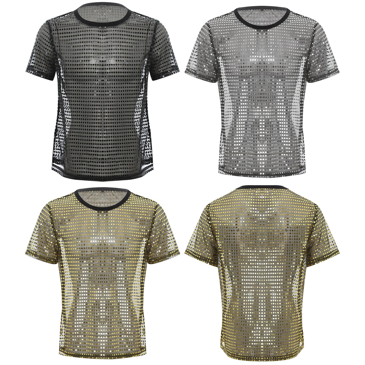 Mens Top Ultra-thin T-shirt Soft Blouse Sequin Tee Mesh Costume Halloween Club