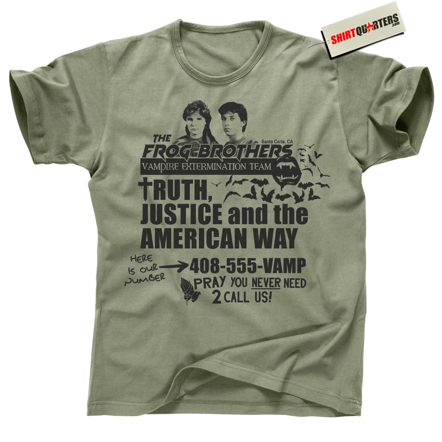 Santa Carla Vampire Hunter Tee – 80s Camo Hotline Graphic Shirt Vampire Hunter