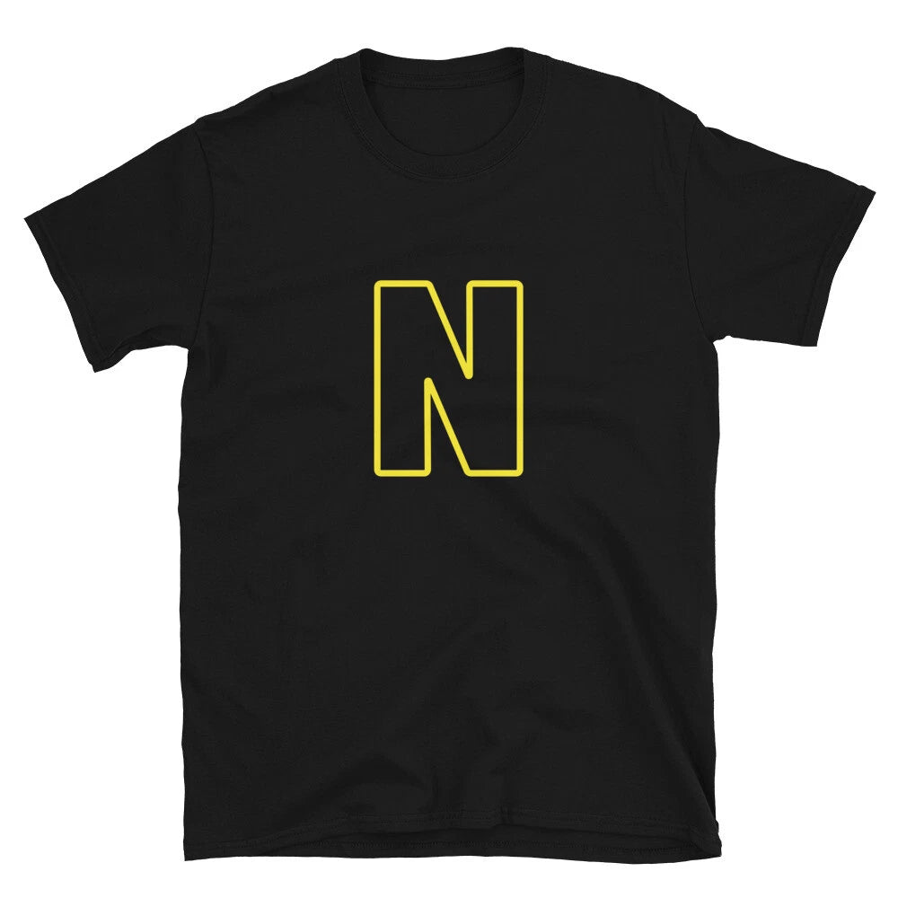 Letter N Yellow Bold Font Simple Black T-Shirt