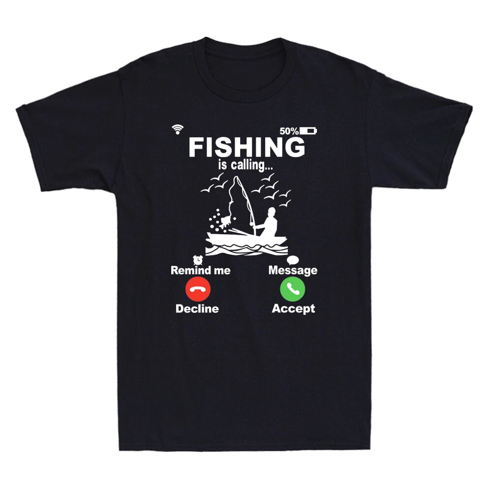 Fishing Is Calling And I Must Go... Funny Saying Novelty Men's T-Shirt Black Tee