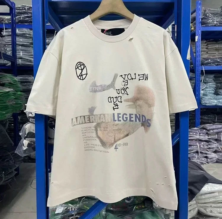 American Streetwear Embroidered Distressed T-Shirt Unisex Short Summer Tee