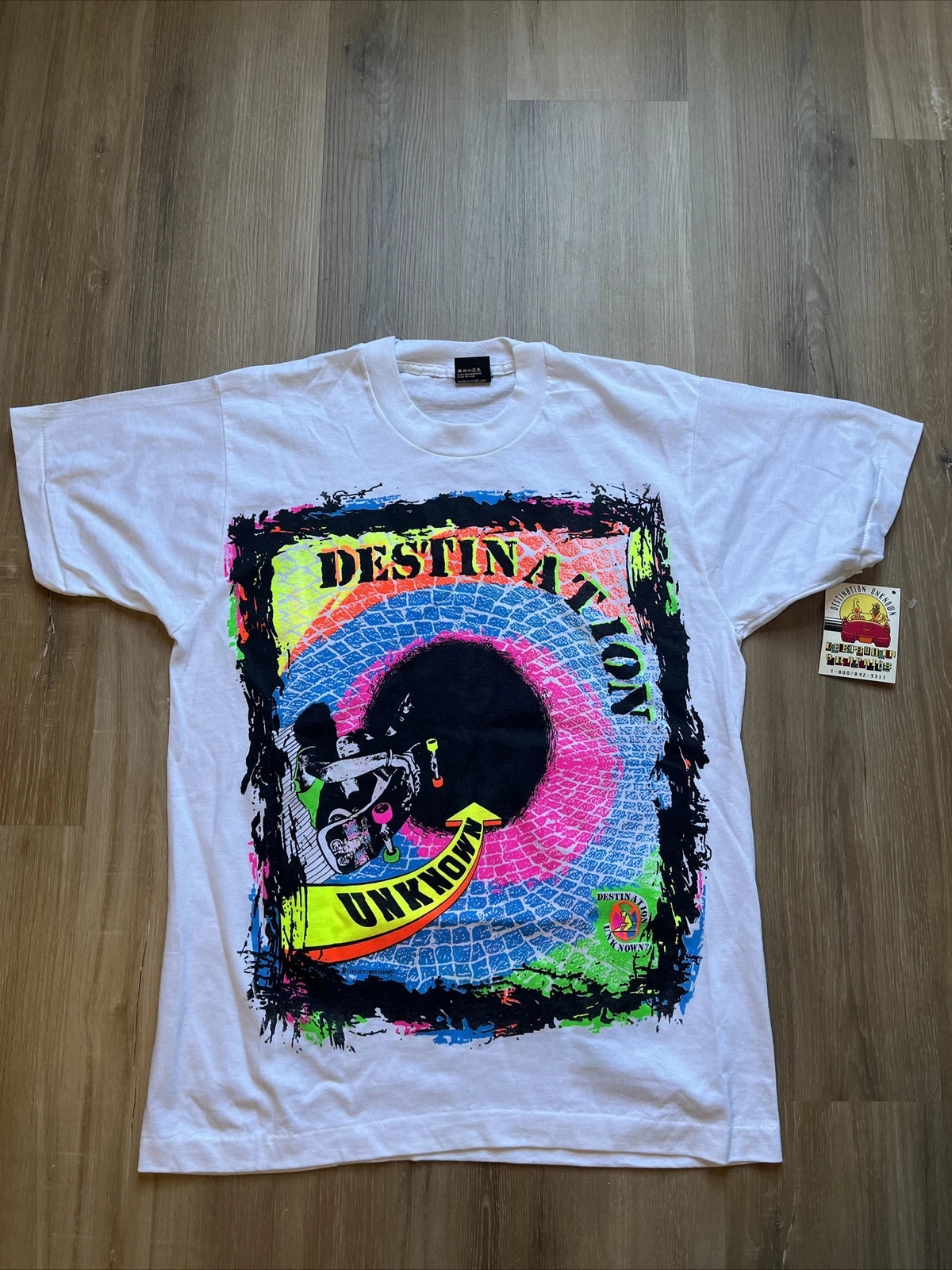 Vintage Neon T Shirt Skateboard “destination Unknown” 80s Deadstock Size Large