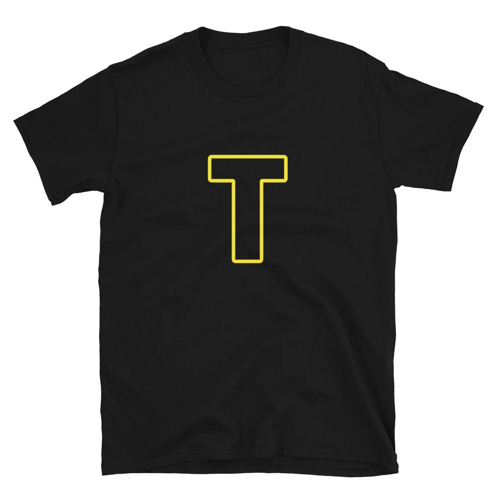 Letter T Yellow Bold Font Simple Black T-Shirt