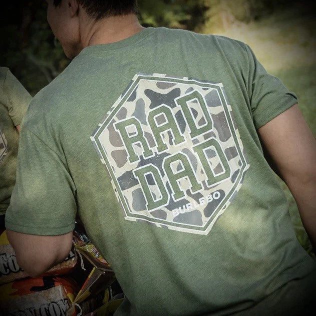 Father’s Day - Burlebo Short Sleeve Tee “Rad Dad Deer Camo” Heather Olive Large