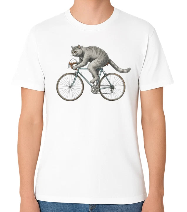 Vintage Cycling Cat on Bicycle Unisex T-Shirt Retro Animal Graphic Bike Tee