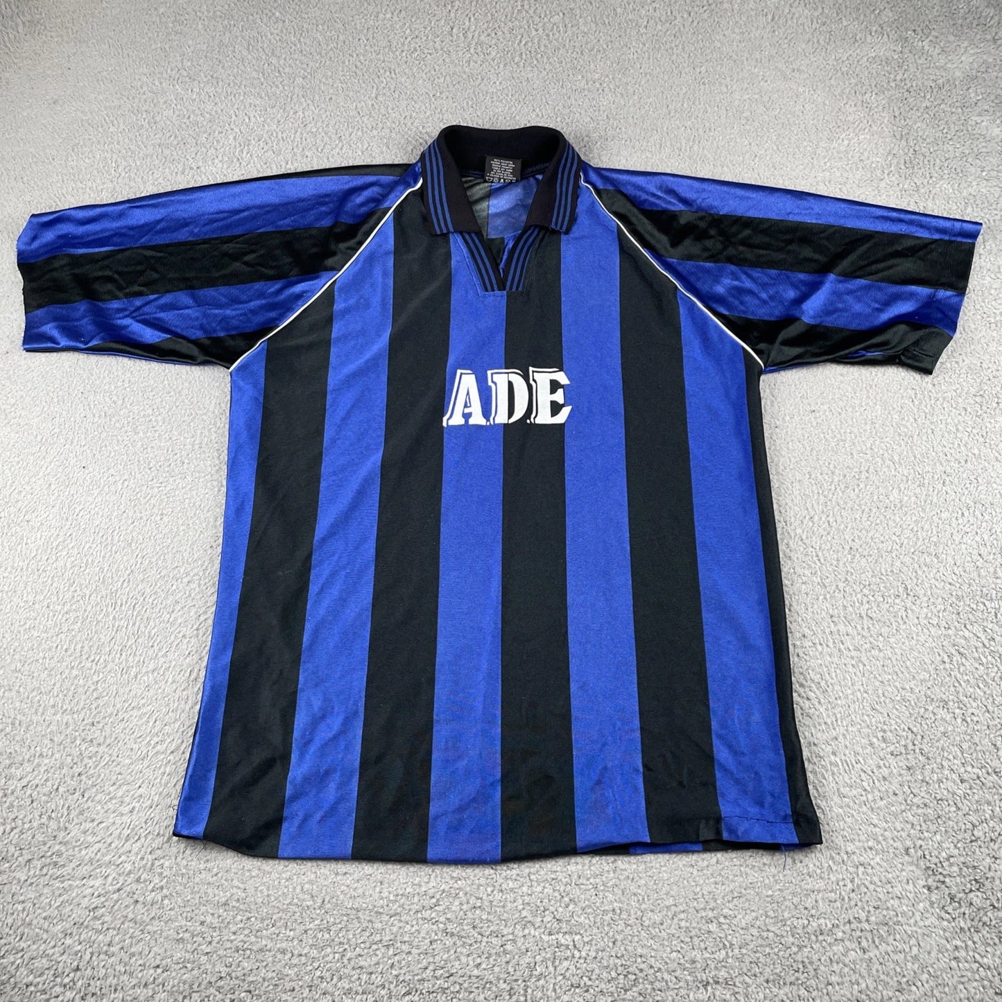 Vintage Soccer Jersey XL Shirt A.D.E #3 Iridescent Black & Blue Futbol Worn In
