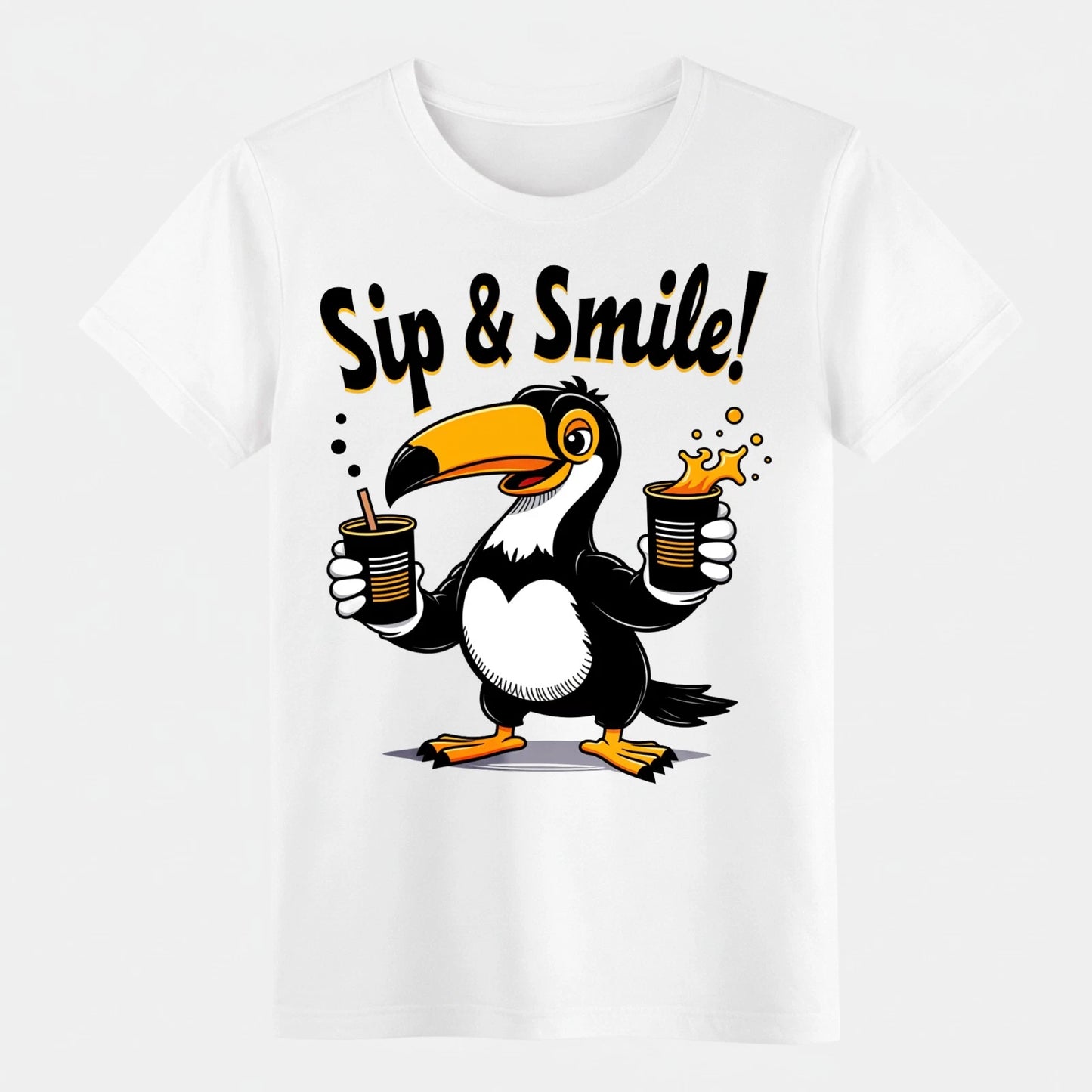 Sip & Smile Toucan Graphic Tee-Cute Cartoon Bird Print T-Shirt for Daily Wear