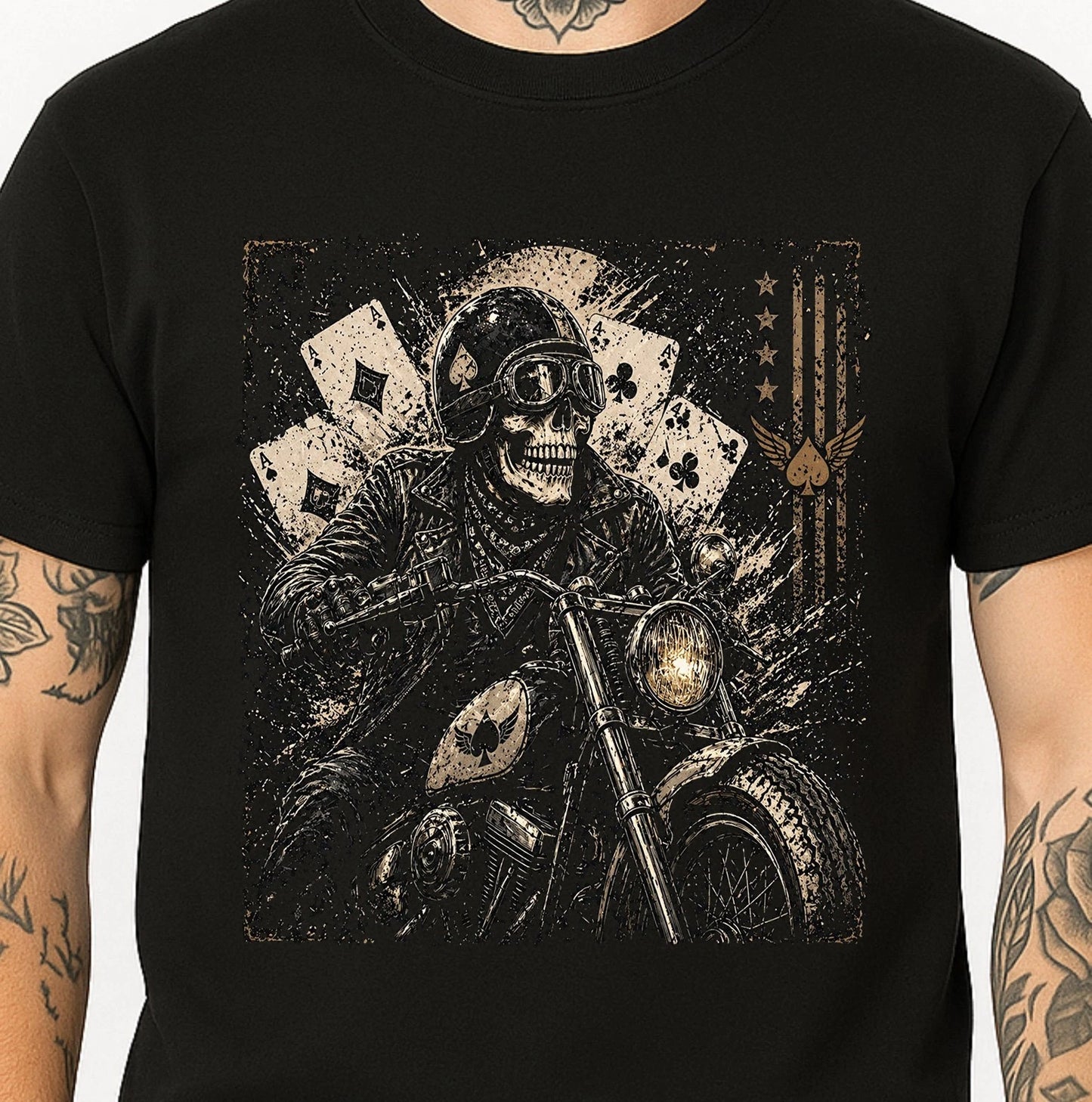 Skull Biker T-Shirt Skeleton Rider Motorcycle Poker Aces Cards Vintage Tee.