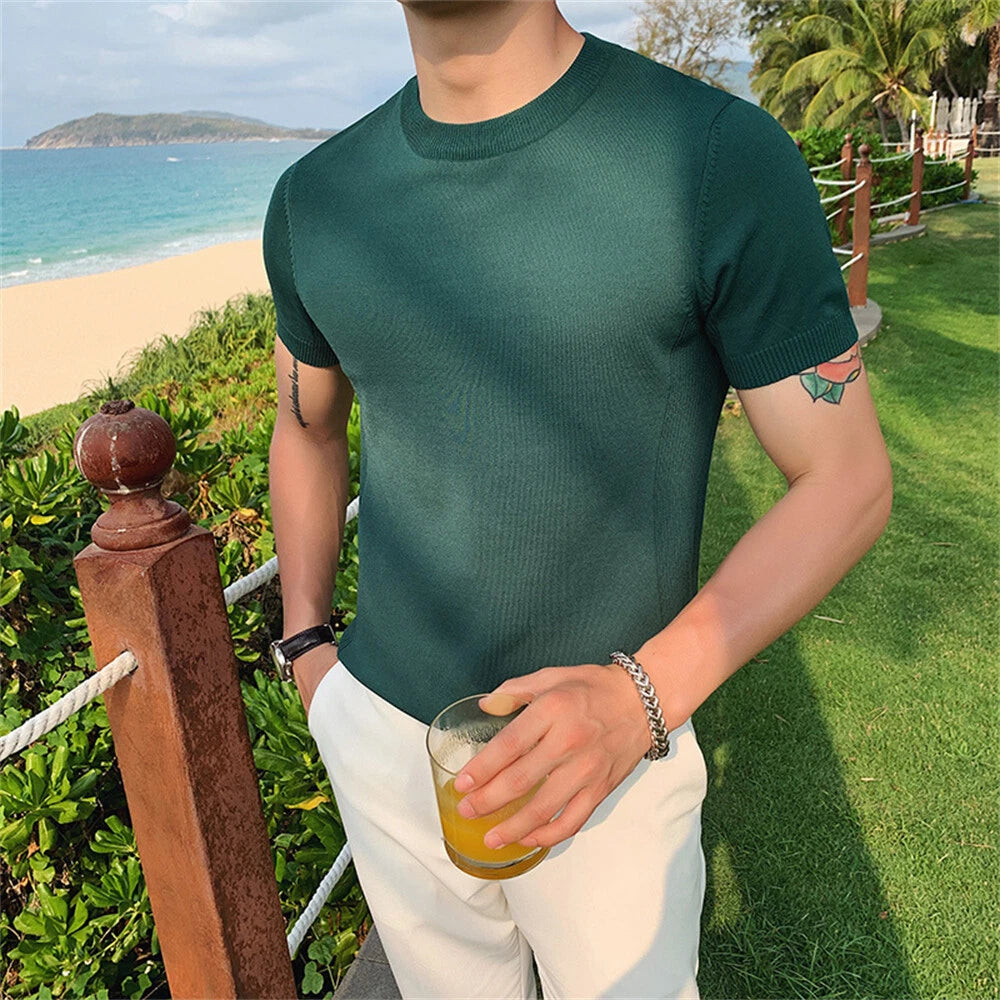 Men's Knitted Short Sleeve T-Shirt Classic Casual Slim Round Neck Shirts