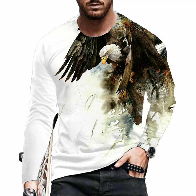T Shirt Men White Flying Eagle Long Sleeve Fashion Casual Graphic T-Shirts Dress