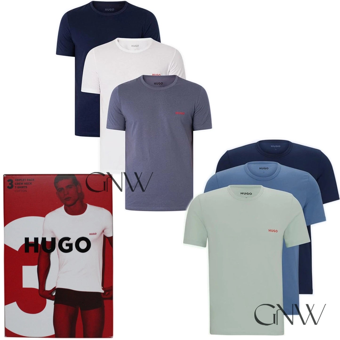 HUGO MEN'S CREW NECK STRETCH LOGO RN T SHIRT 3 PACK Was £45