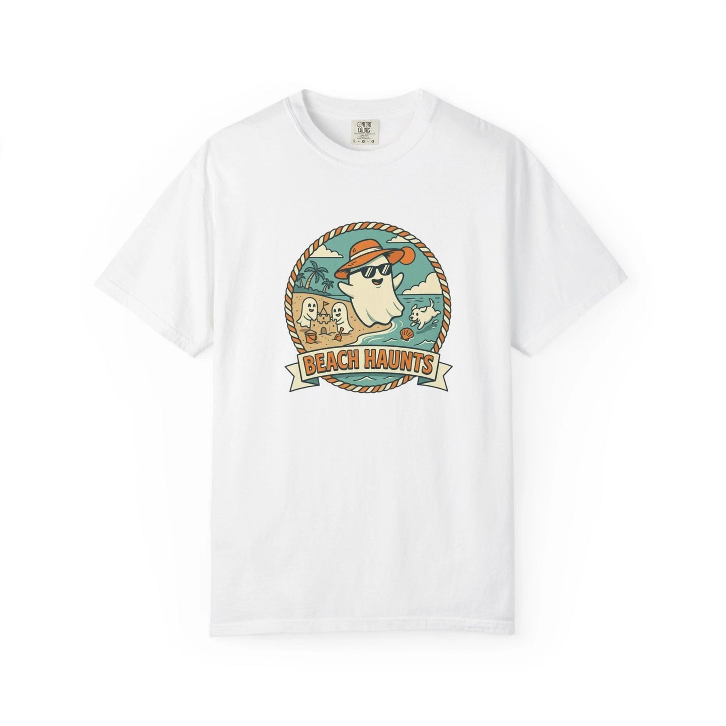 Beach Haunts ghost surfer T-shirt | coastal summer retro design