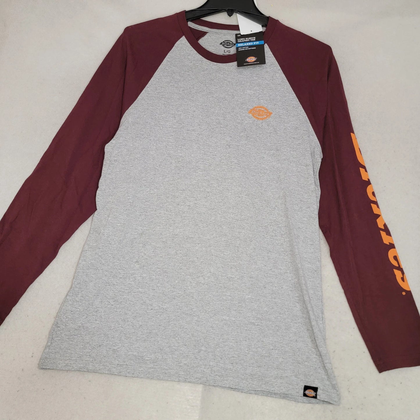 DICKIES Baseball Shirt Mens LARGE Red GRAY Long Sleeve Graphic NWT