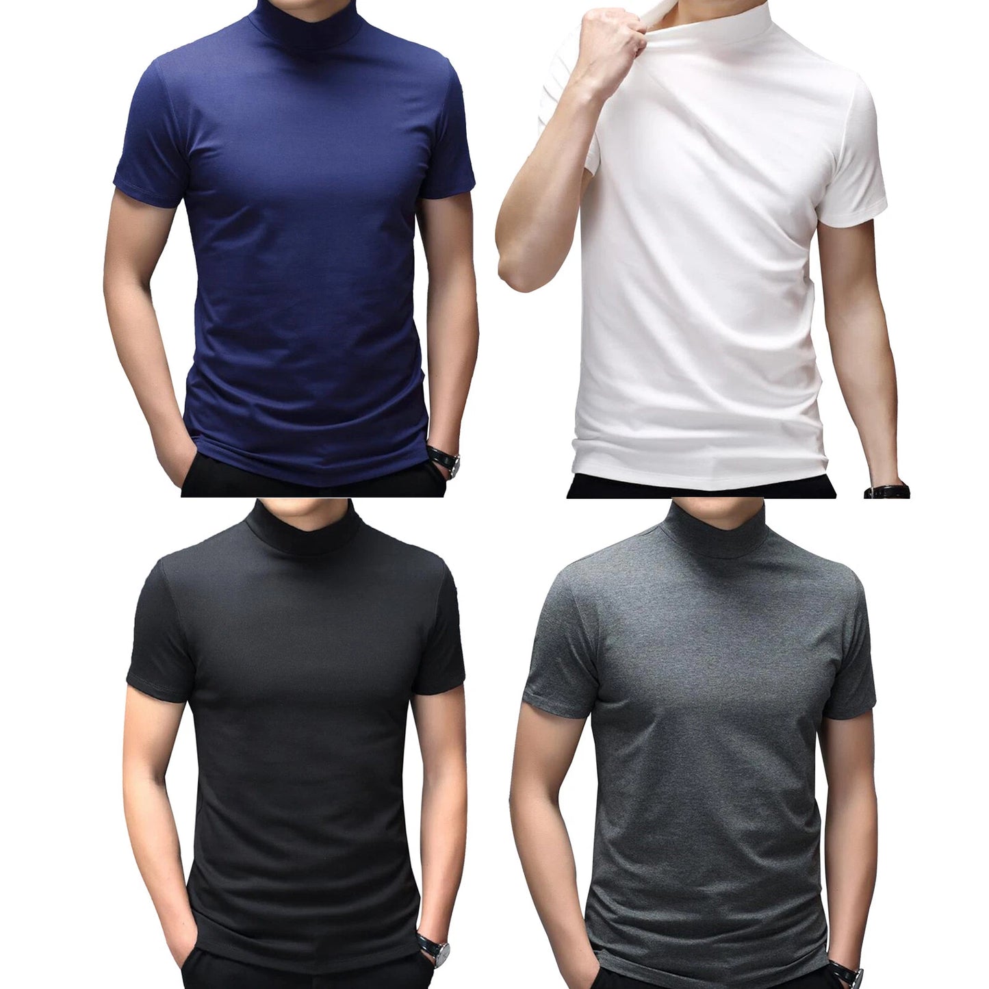 Men Casual Slim Fit Tops Short Sleeve Thermal Turtleneck T-Shirt Undershirt