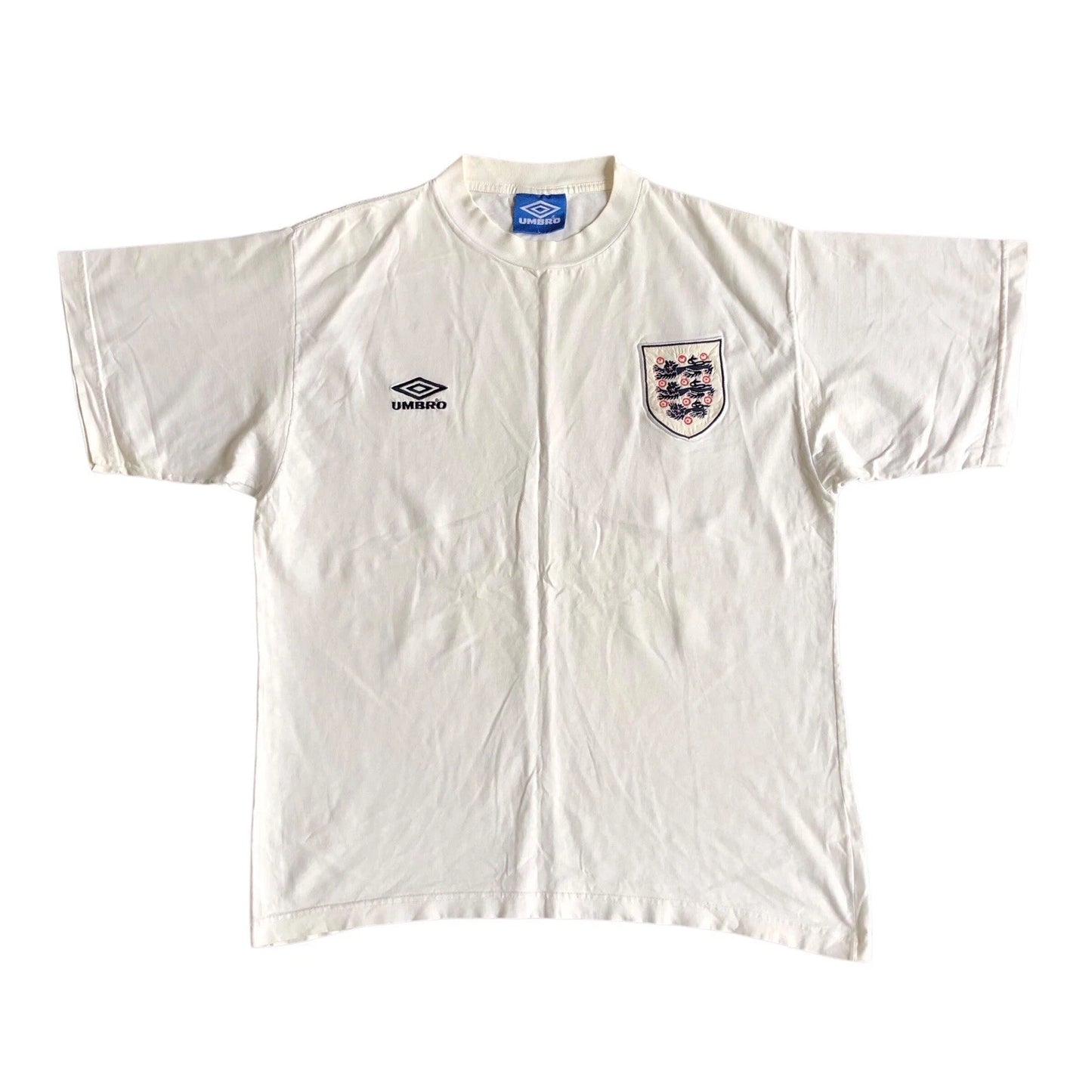 Vintage 90s England Umbro Football T Shirt Men’s L White Embroidered Badge VGC