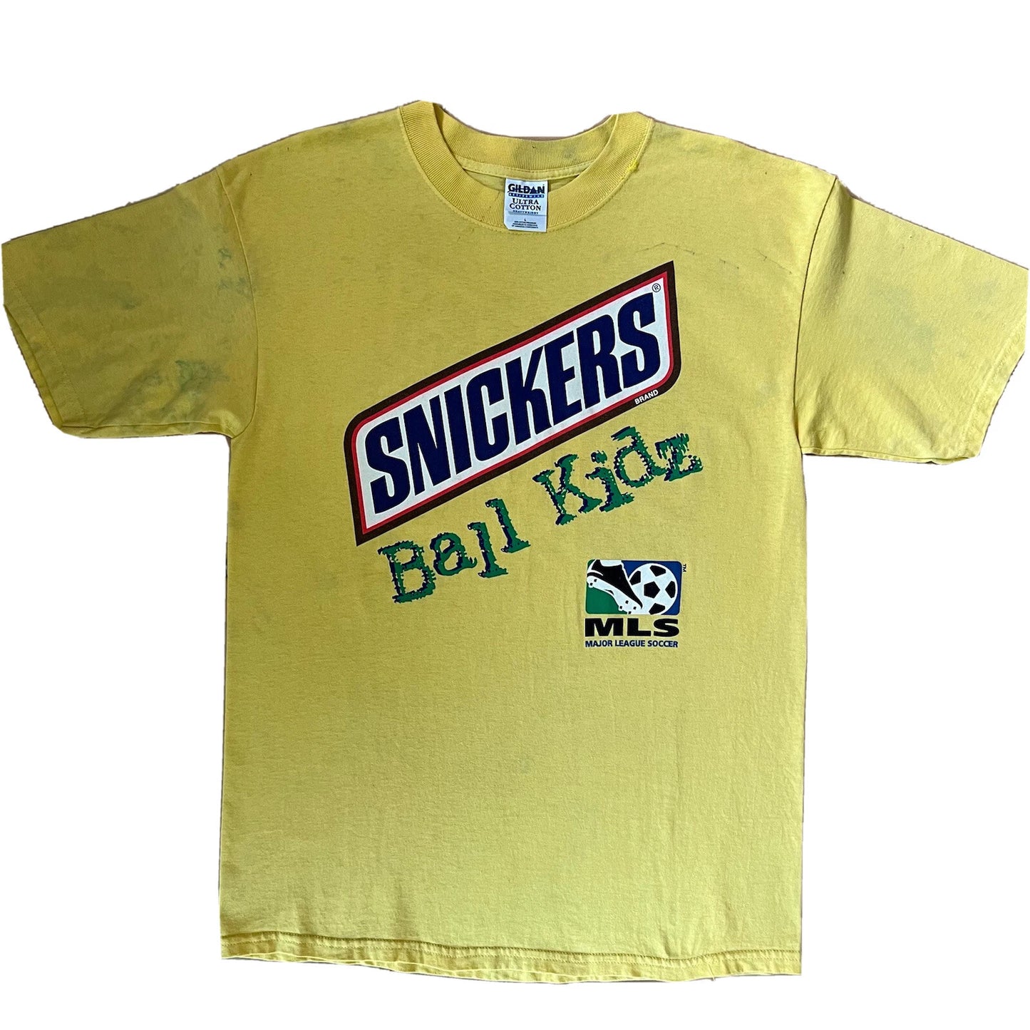 Vintage Snickers MLS Ball Kids Shirt Large Yellow Y2K Soccer Food Candy Promo