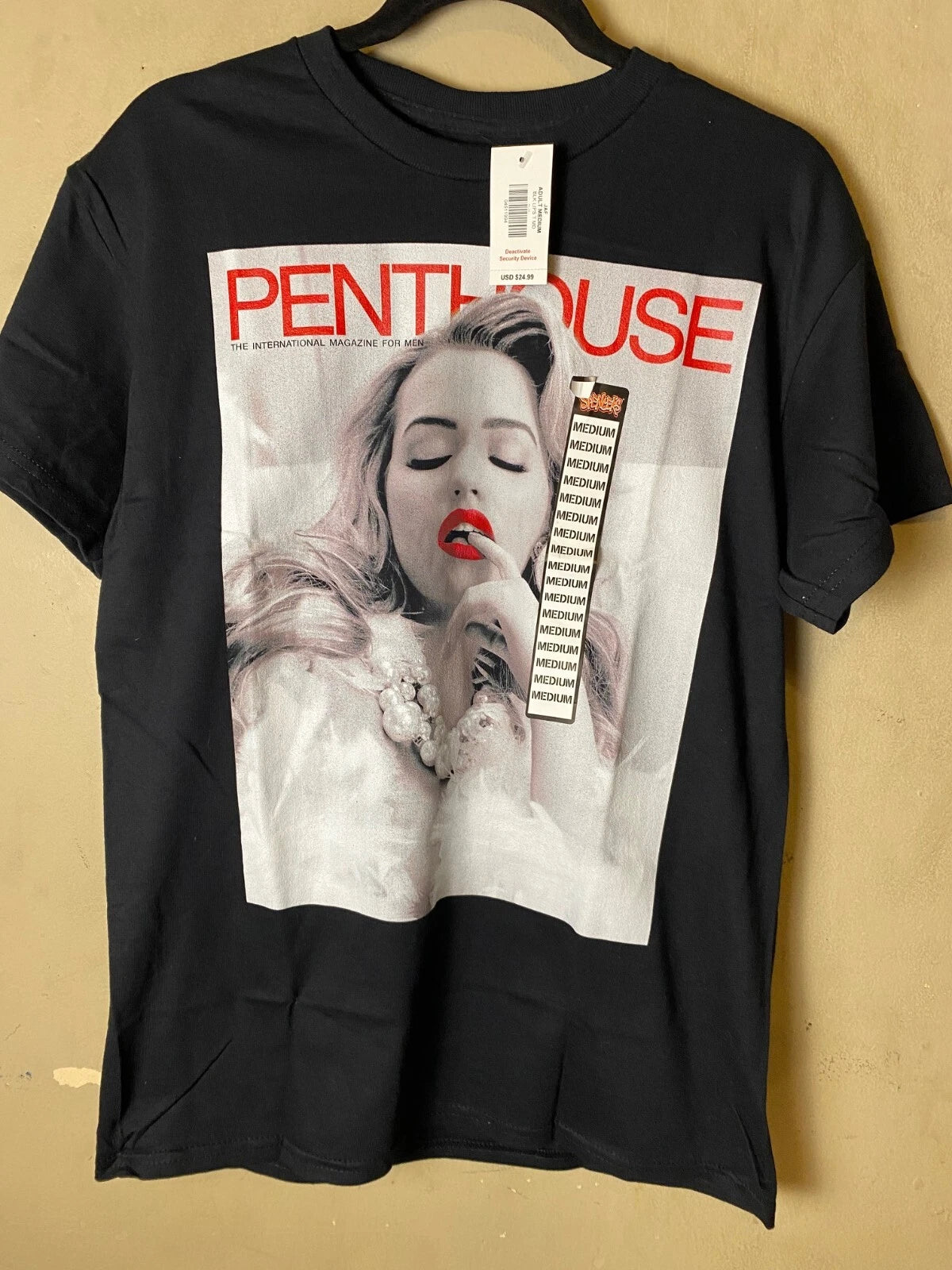 PENTHOUSE Lady w/ finger on lips Ripple Junction Black Graphic Tee-NWT