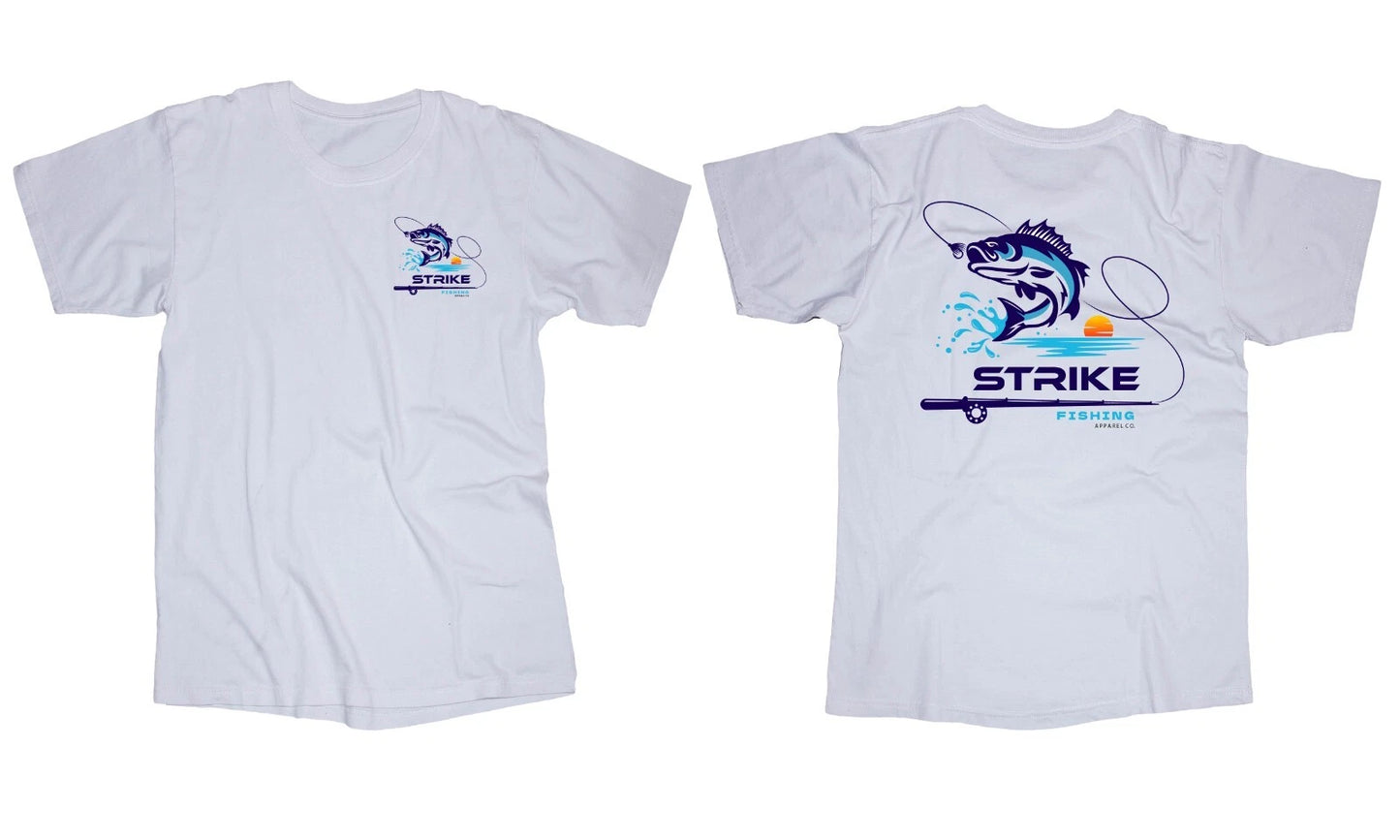 STRIKE Fishing white t-shirt Bass Fish Apparel Co. Boating Sunset