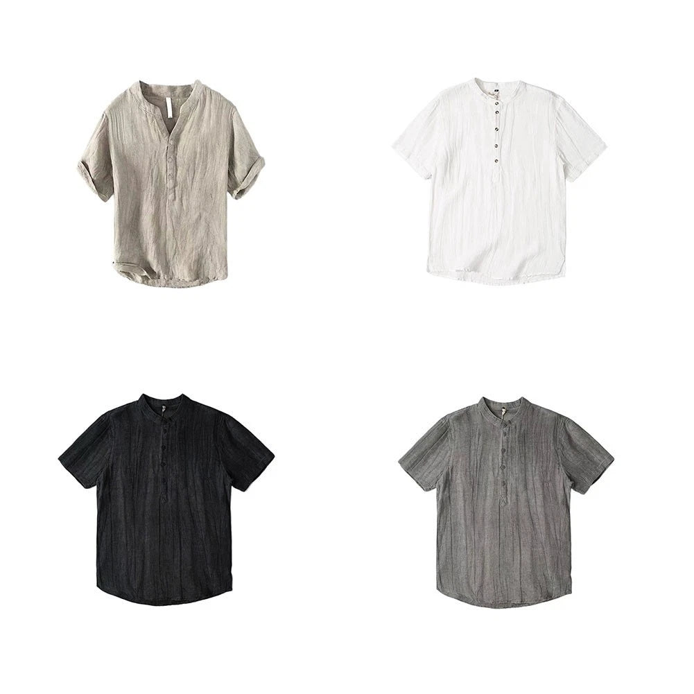 Men's Striped Short Sleeve T Shirt Loose Fit with Half Button Vintage Look