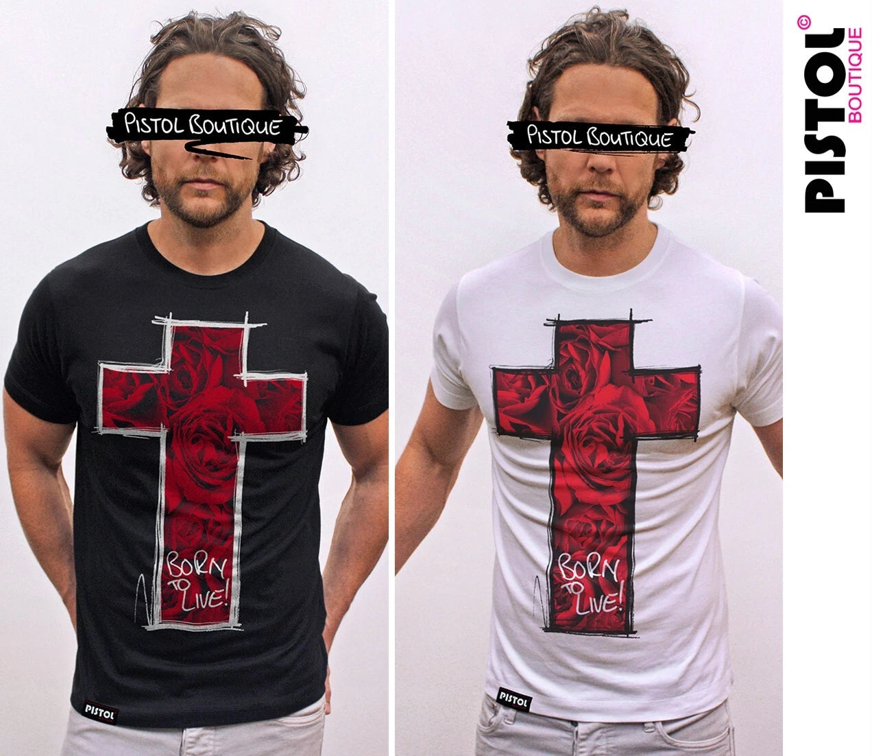 Pistol Boutique Men's Crew Neck ROSE FLOWERS SKETCH CROSS BORN TO LIVE T-shirt