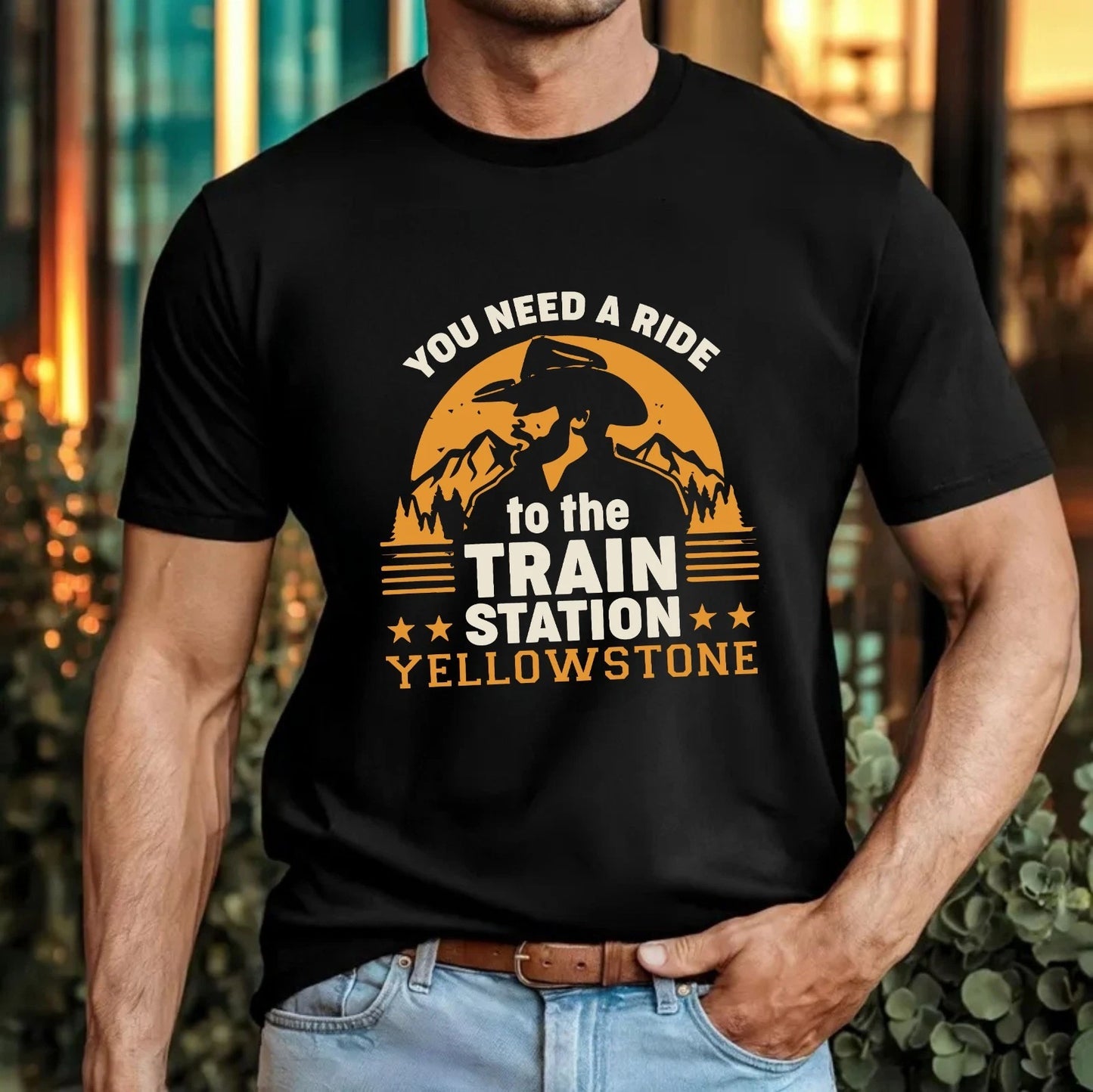 Yellowstone Train Station Cowboy T-Shirt Western Mountain Sunset Gift Tee Top