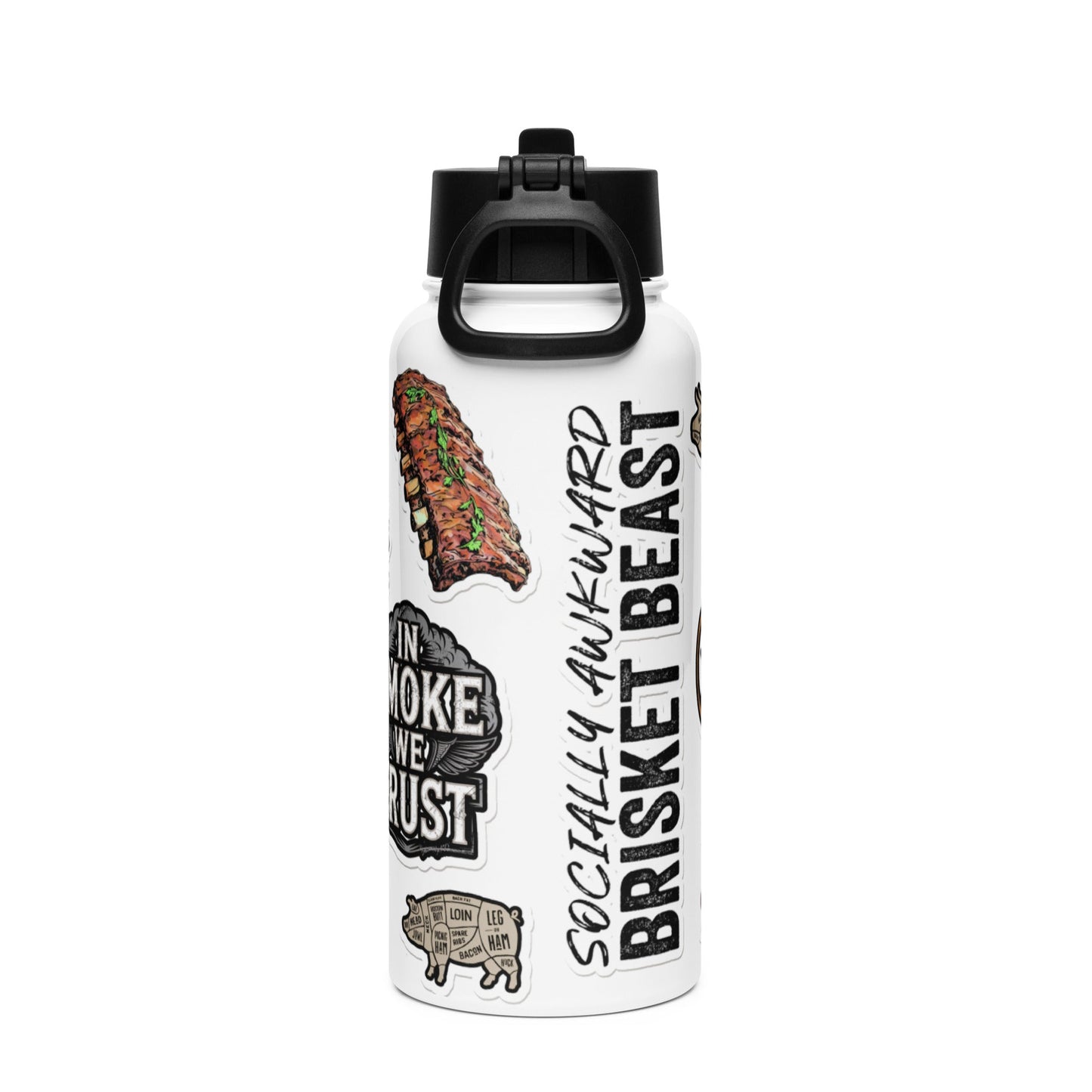 BBQ Sticker Style Stainless steel water bottle with a straw lid