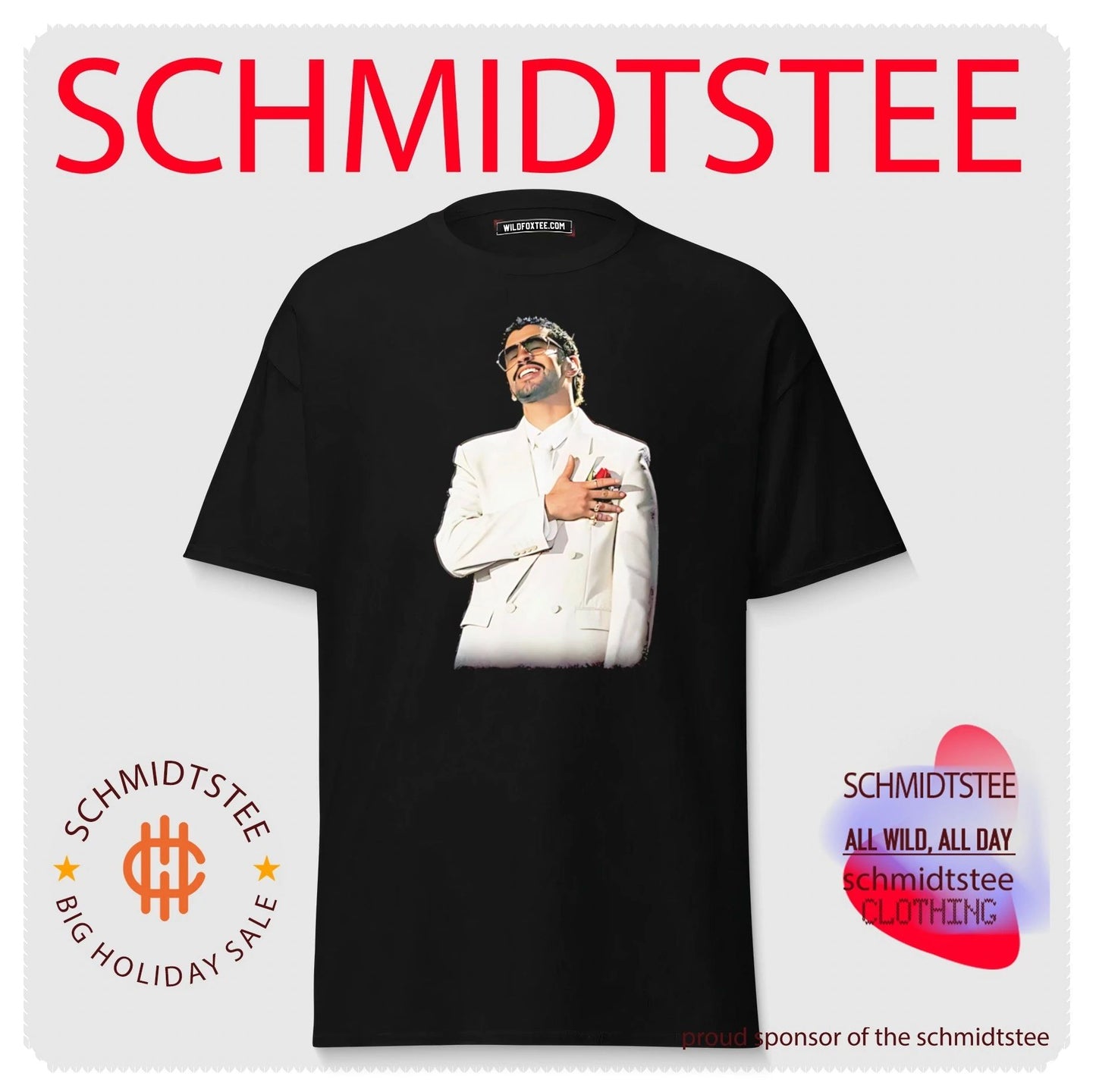 Bad Bunny in white suit portrait shirt