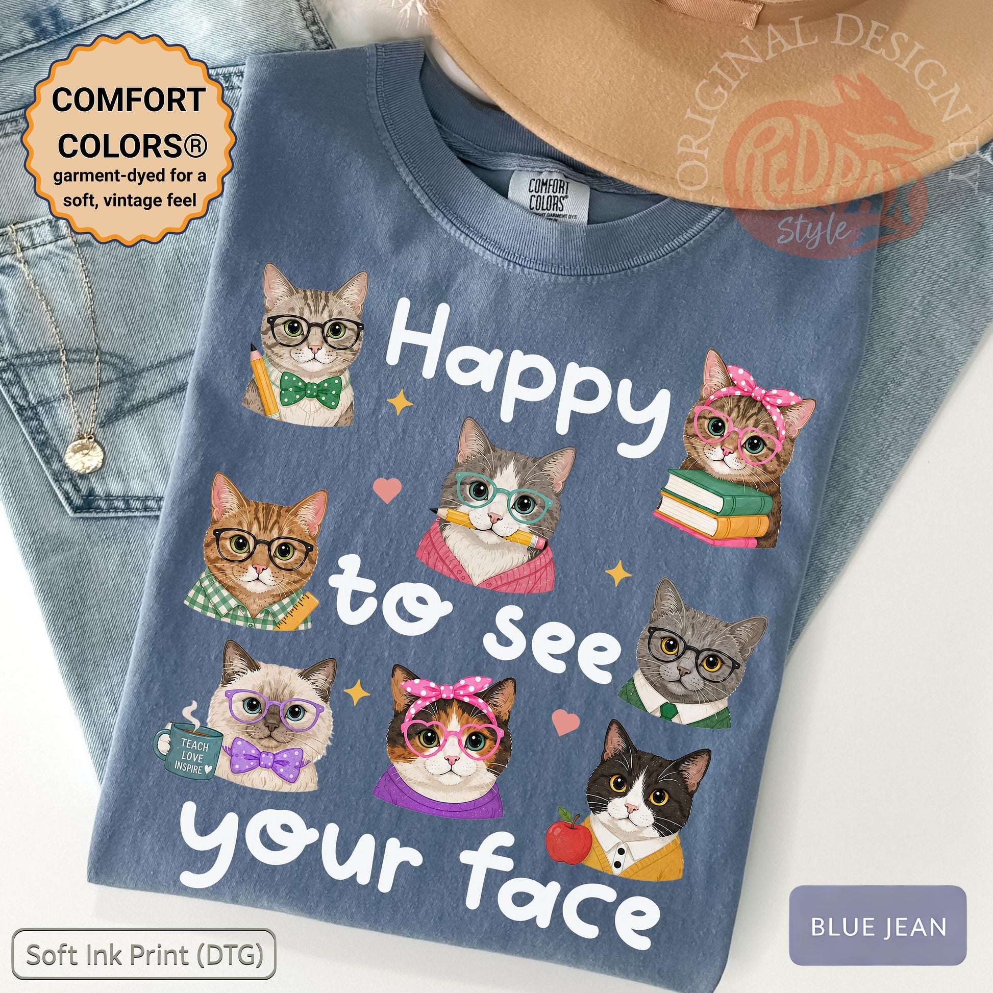 Happy See Face Cat Teacher Cat Lover Teacher Tee Classroom Ca Comfort Colors Back School Tee (1)
