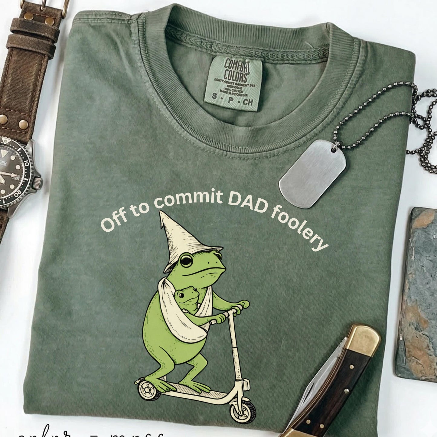 Dad Frog Comfort Colors Off Commit Dad Foolery Frog Scooter First Time Dad Dada Pregnancy Reveal Tee (1)