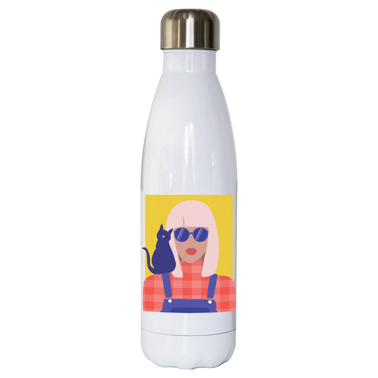 Stylish girl with cat illustration graphic water bottle stainless steel reusable