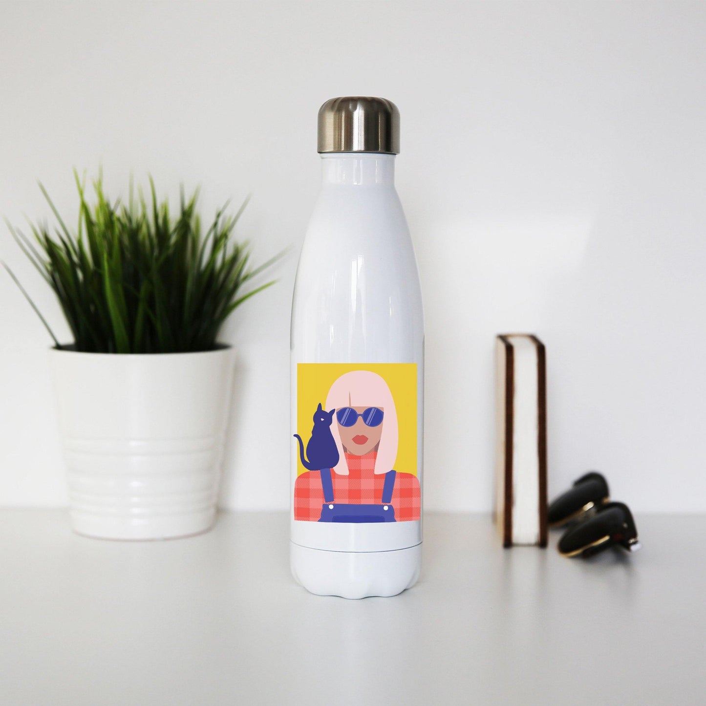 Stylish girl with cat illustration graphic water bottle stainless steel reusable