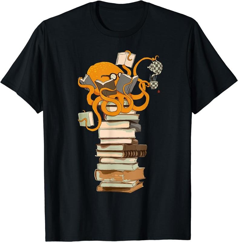 [100% Cotton] Reading Octopus, tea, coffee and books gift T-Shirt Black - clothing by TeeHivey.com