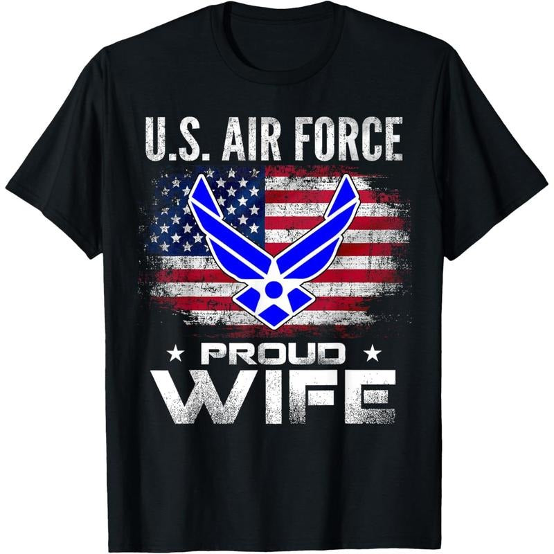 [100% Cotton] U.S Air Force Proud Wife With American Flag Gift Veteran T-Shirt