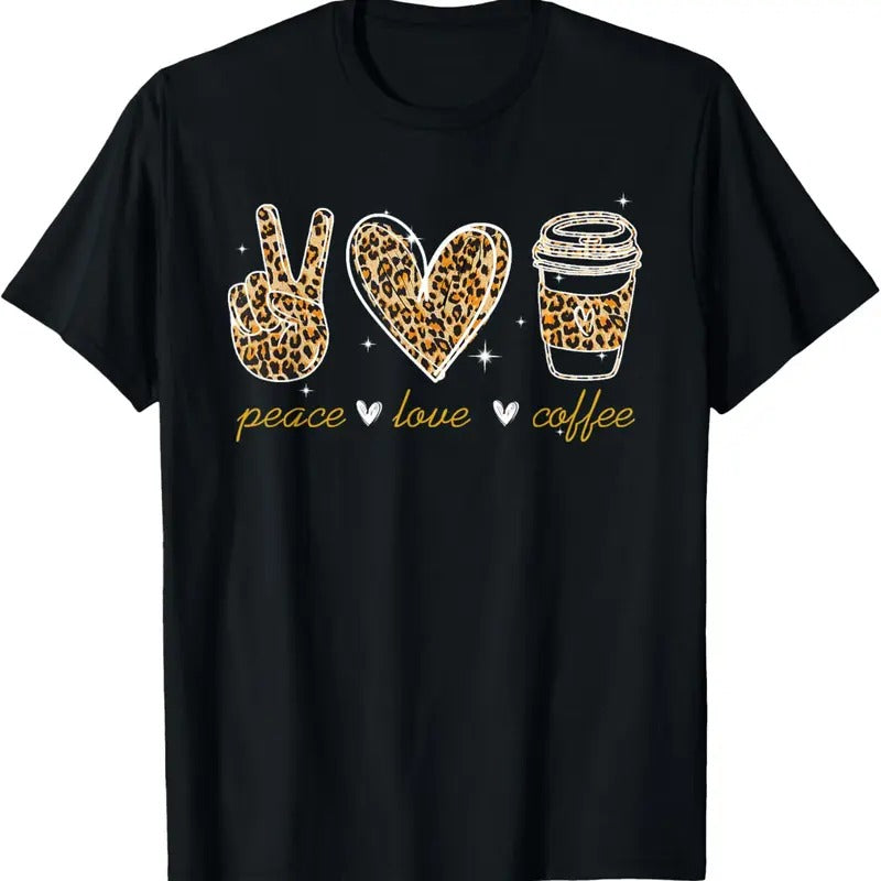 100% Cotton Leopard Peace Love Coffee Lovers Hippie Gifts T-Shirt