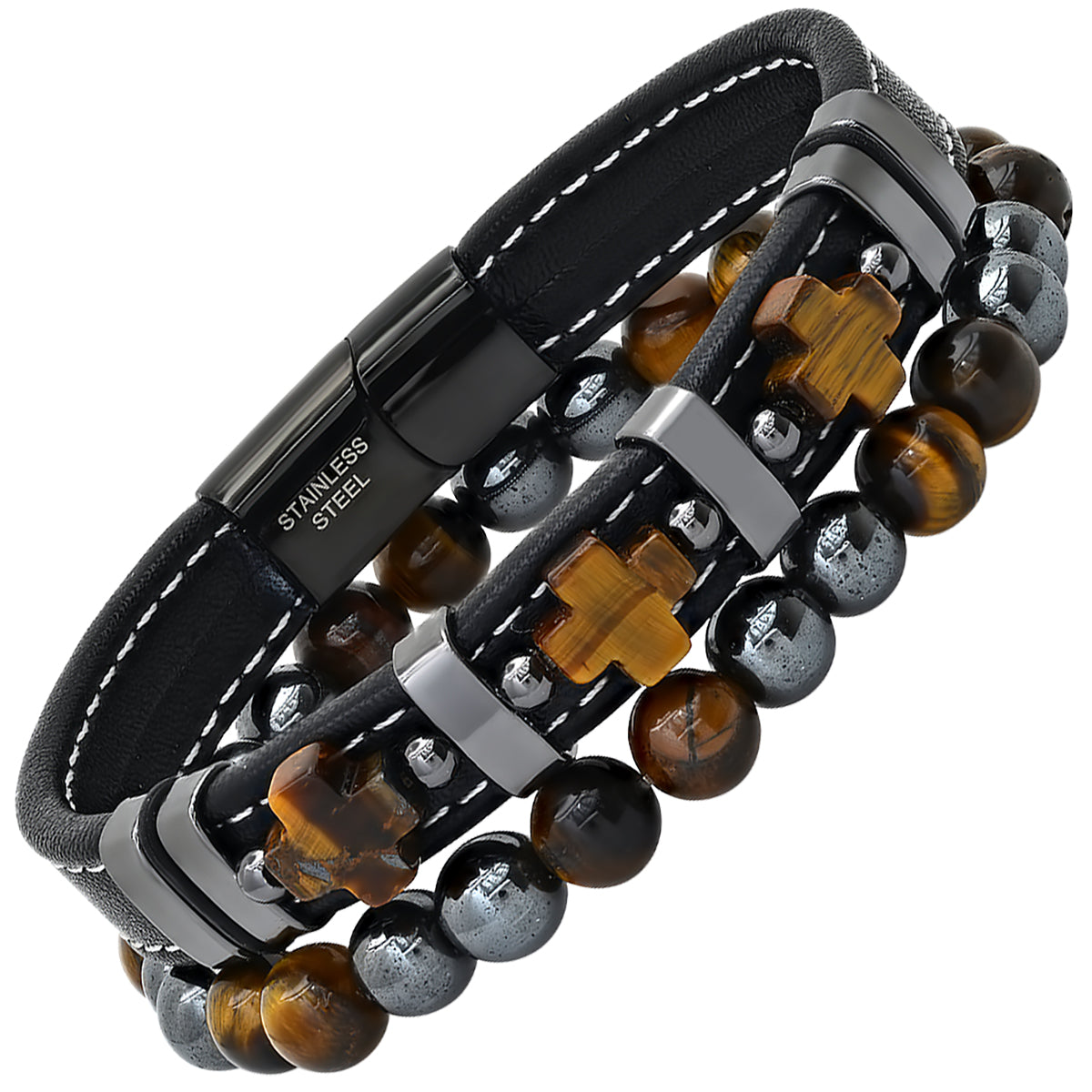 2Pc Set Black Leather, Tiger Eye Crosses And Black Ip Stainless Steel/Hematite & Tiger Eye Beaded Bracelets