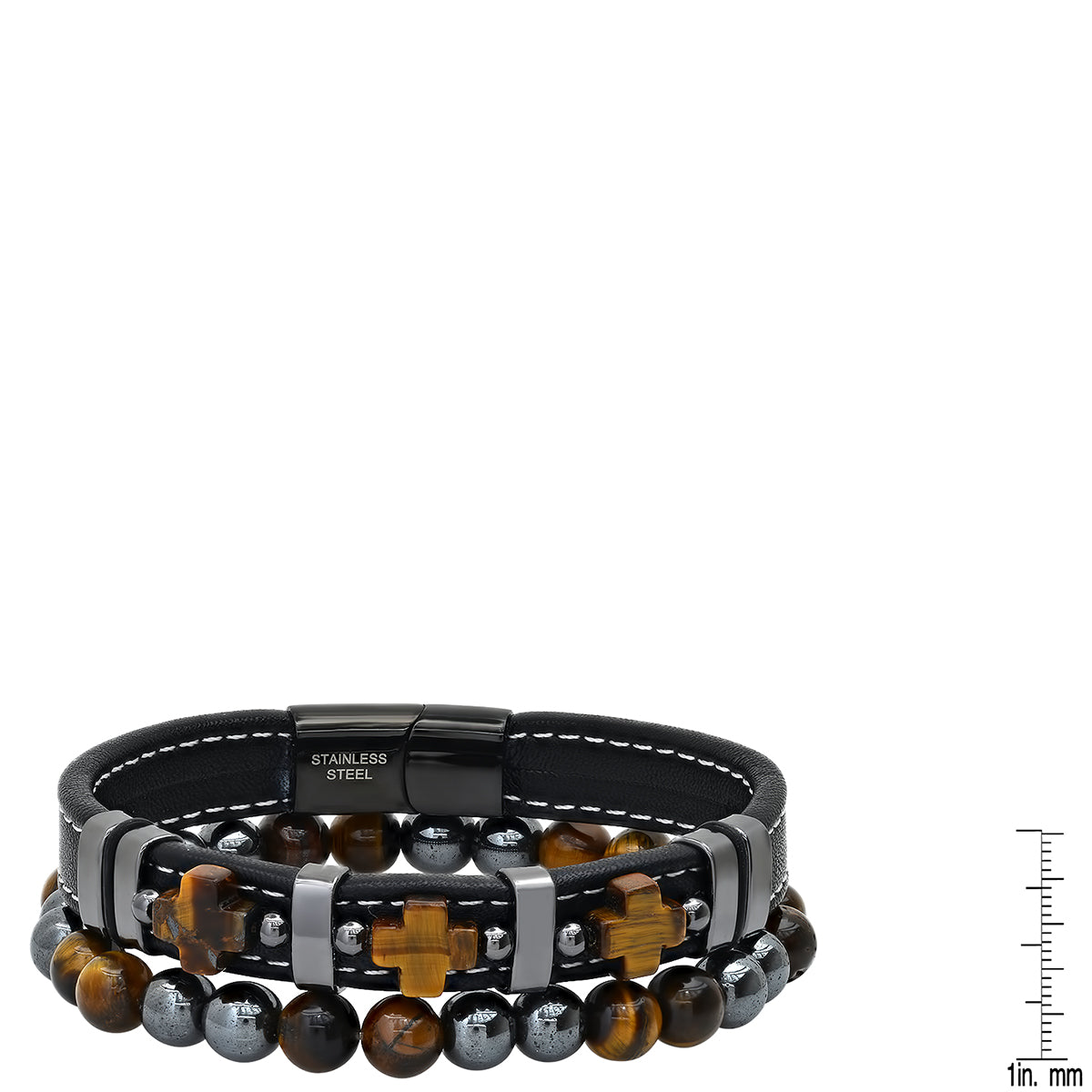 2Pc Set Black Leather, Tiger Eye Crosses And Black Ip Stainless Steel/Hematite & Tiger Eye Beaded Bracelets