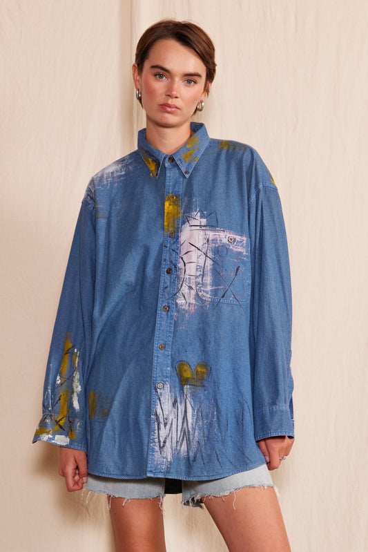 Artisan Hand-Painted Golden Sun Denim Shirt - clothing by TeeHivey.com (Image 1)