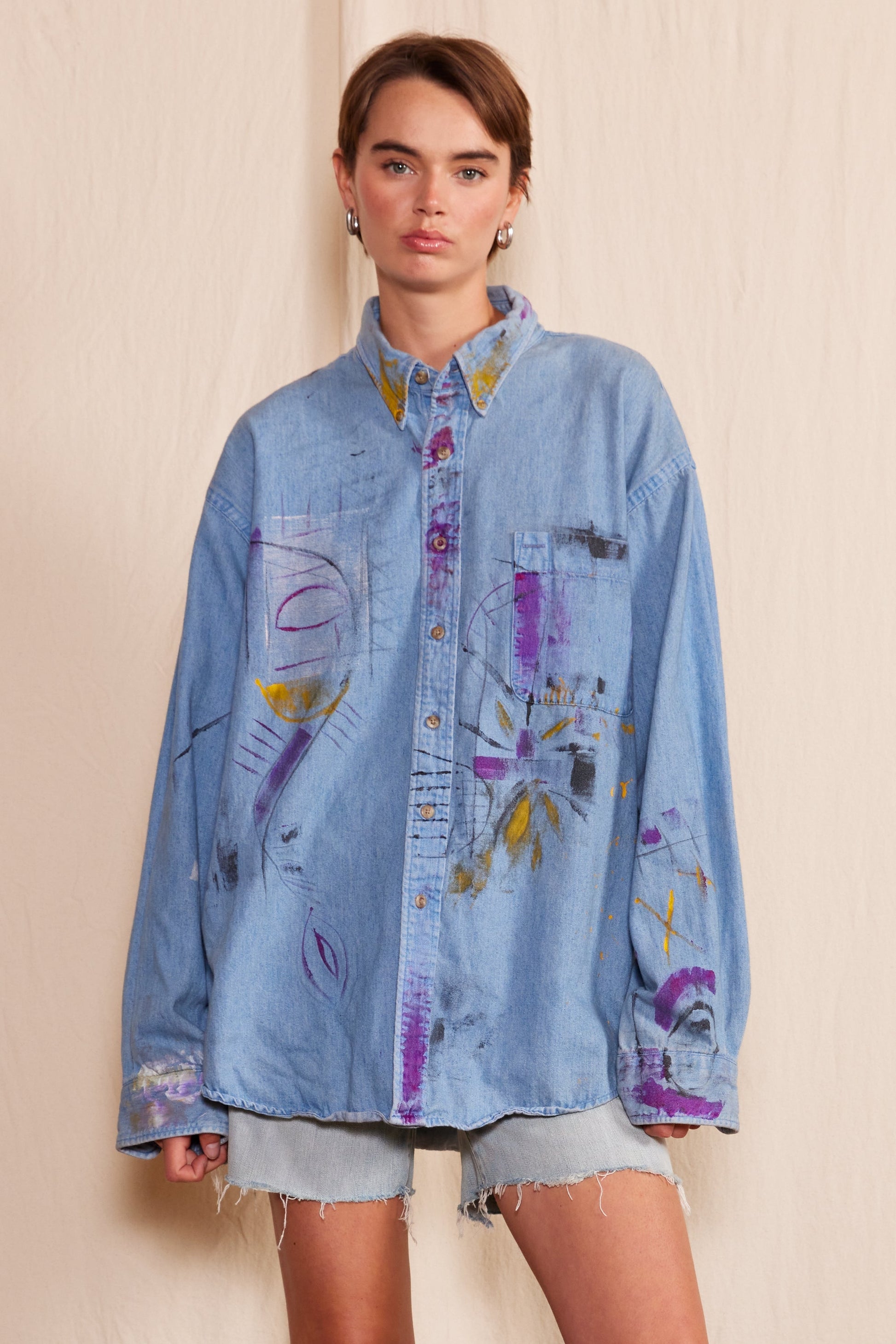 Artisan Hand-Painted Abstract Brushstroke Denim Shirt - clothing by TeeHivey.com (Image 1)