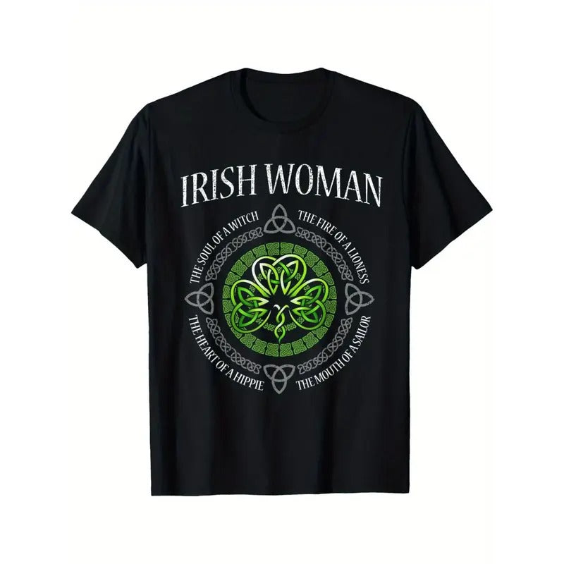 1pc RISH WOMAN The Soul of A Witch Shamrock St Patrick'S Day Men'S T-Shirt, 100% Cotton Fabric, Crew Neck, Short Sleeve, All-Season Casual Wear, 180gsm - Ideal for Valentines New Year'S Day Father'S Day Christmas, for Halloween Made in USA
