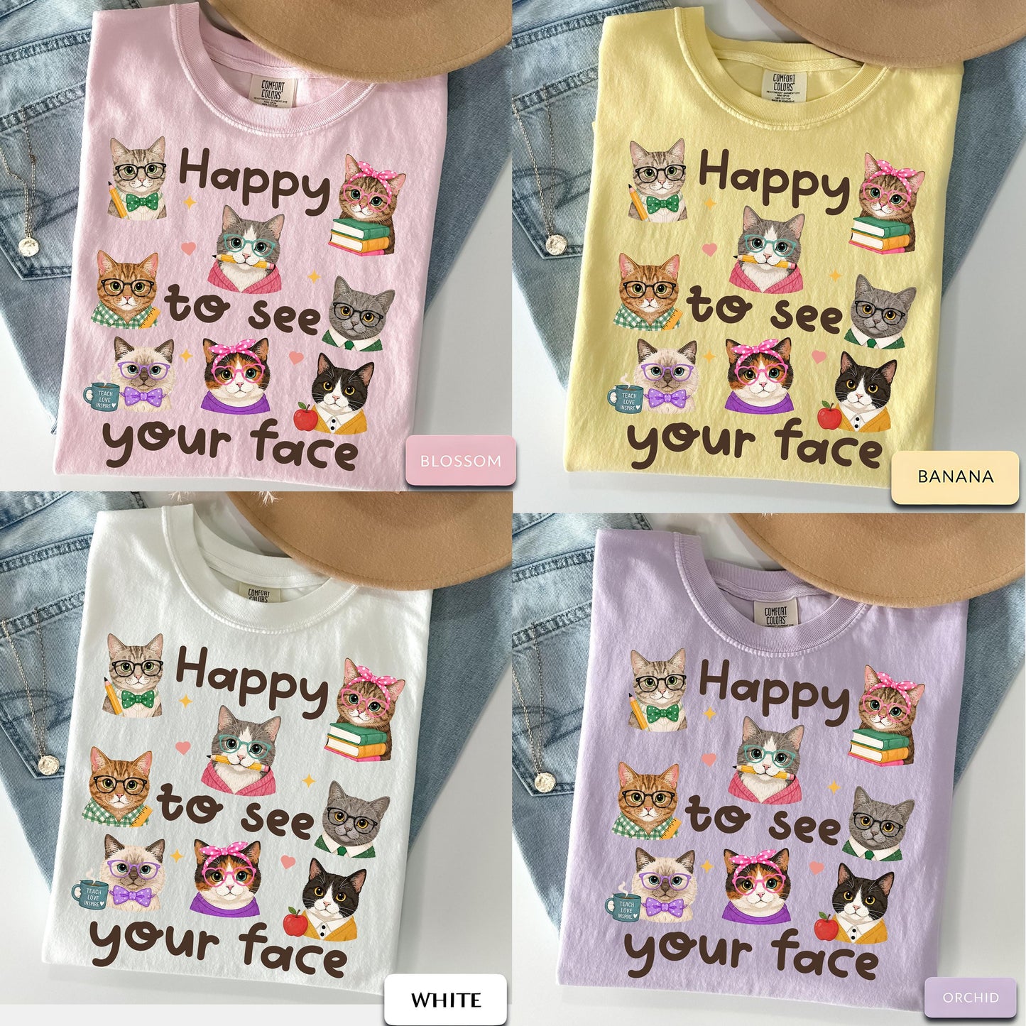 Happy See Face Cat Teacher Cat Lover Teacher Tee Classroom Ca Comfort Colors Back School Tee (3)