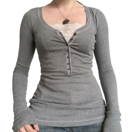 Women Long Sleeve Tops Autumn Vintage Casual Lace Patchwork 1/2 Button Pullover Shirt Club Streetwear Basic Womenswear