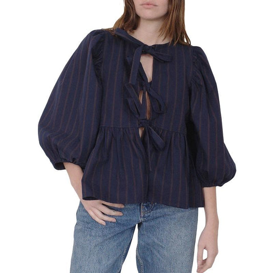Women Basic Tie Front Tops Casual Solid Color Loose 3/4 Sleeve Shirt Cardigan for Club Streetwear Aesthetic Clothes Long Sleeve Womenswear Blouse Fashion