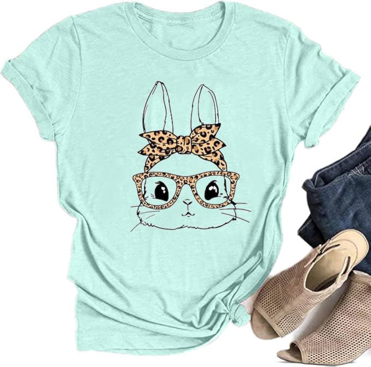 Bunny with Leopard Glasses Shirts for Women Cute Easter Graphic T Shirt Casual Spring Tops Comfortable Tee