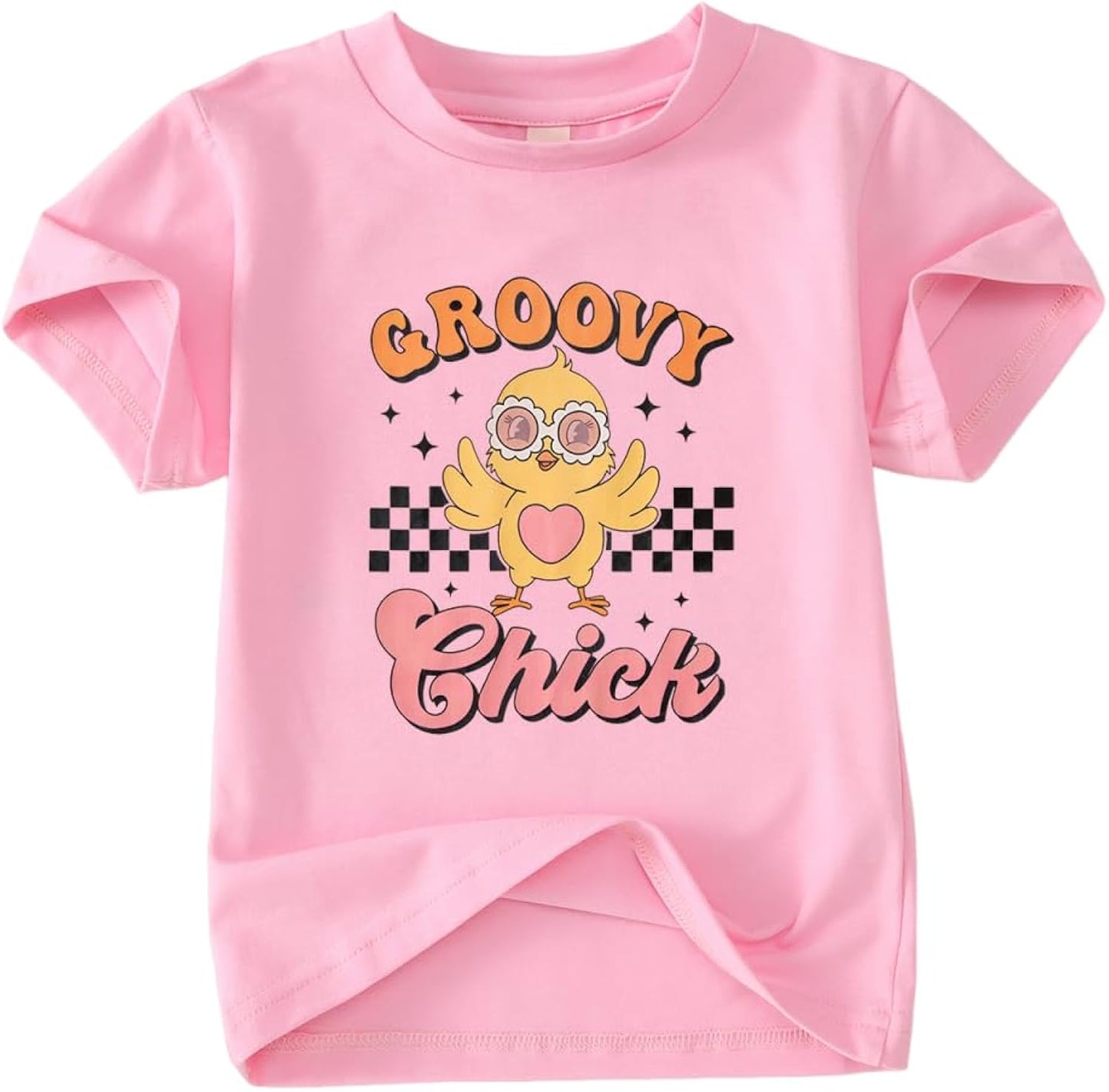 Toddler Baby Girl Easter Groovy Chick Shirt Kids Cute Glasses Chicken Checkered T-Shirt Short Sleeve Tee Tops