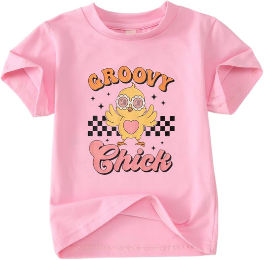 Toddler Baby Girl Easter Groovy Chick Shirt Kids Cute Glasses Chicken Checkered T-Shirt Short Sleeve Tee Tops