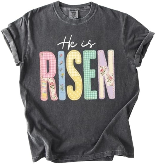 He is Risen Patchwork Comfort Colors T-Shirt, Pastel Easter Graphic Tee, Jesus Resurrection, Unisex Shirt