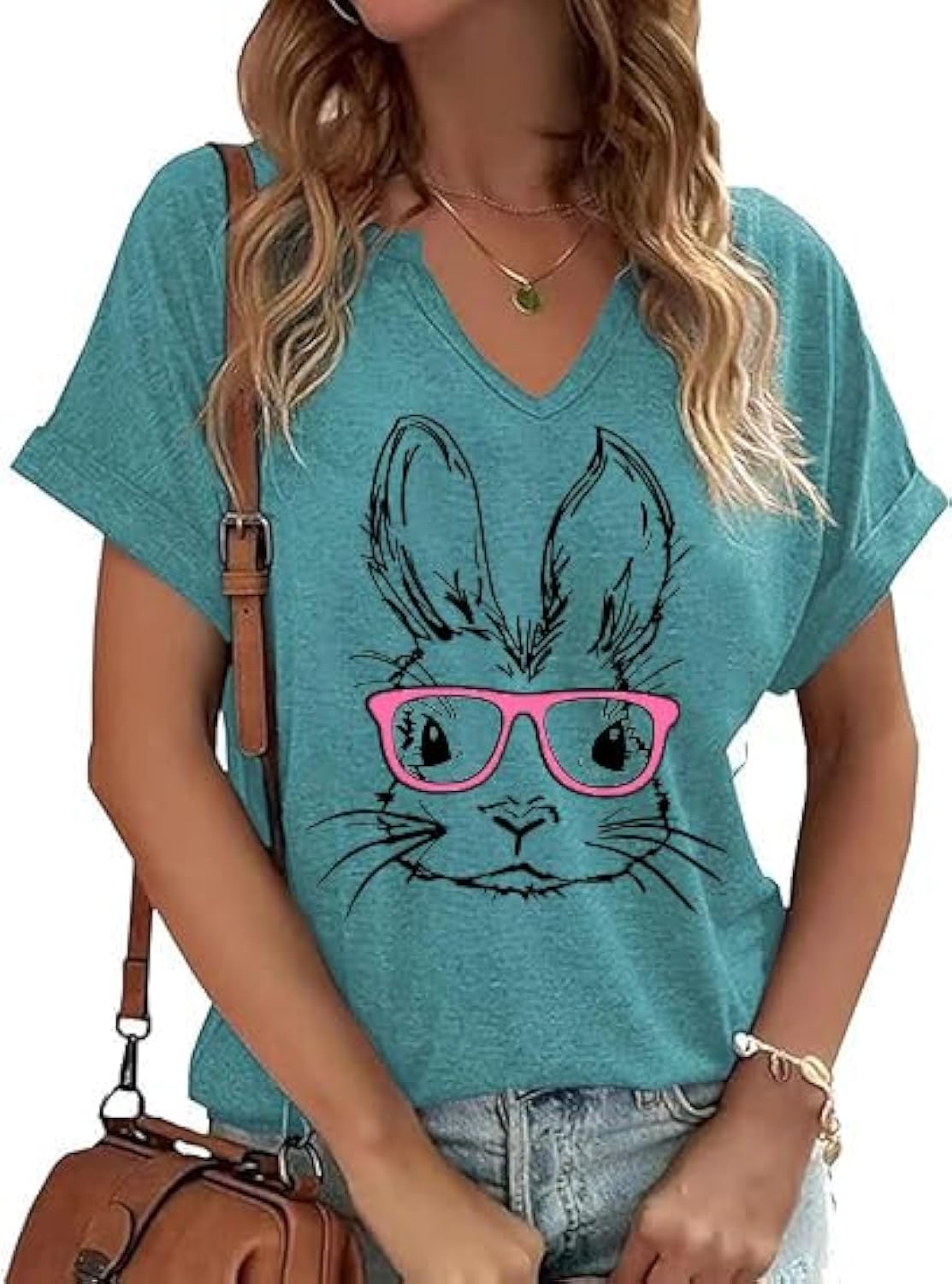 Easter V Neck Shirts for Women Happy Easter Bunny with Glasses Blouse Casual Graphic Spring Colorful Tops Tee