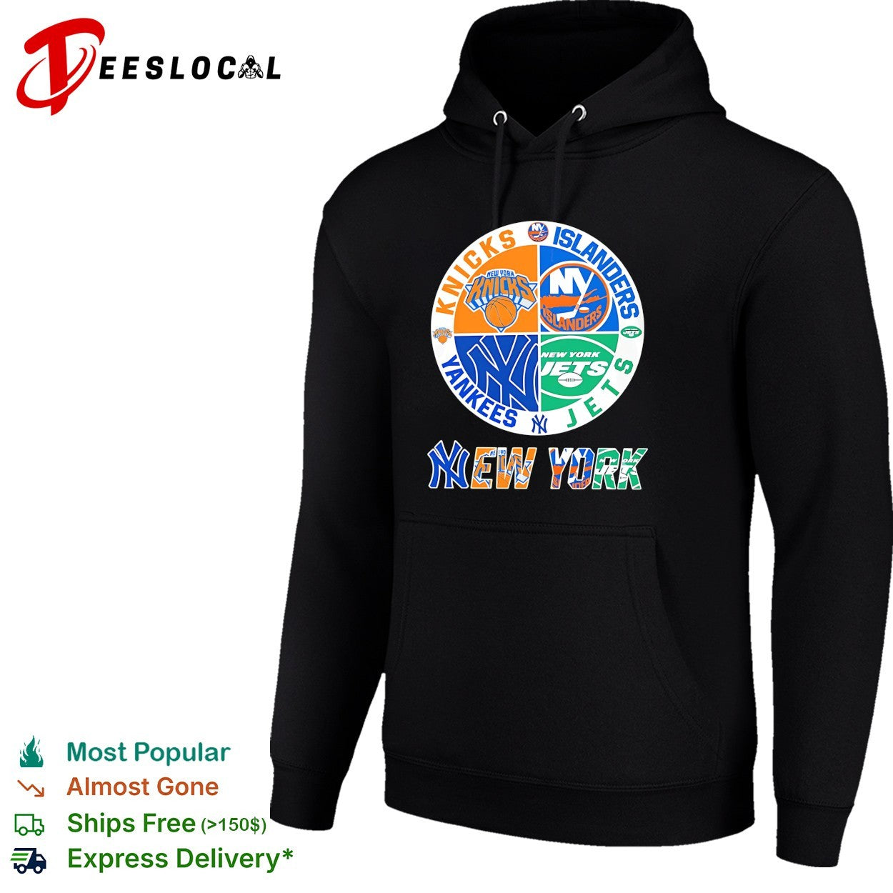 New York Knicks Islanders Yankees Jets four teams quadrant circle logo shirt